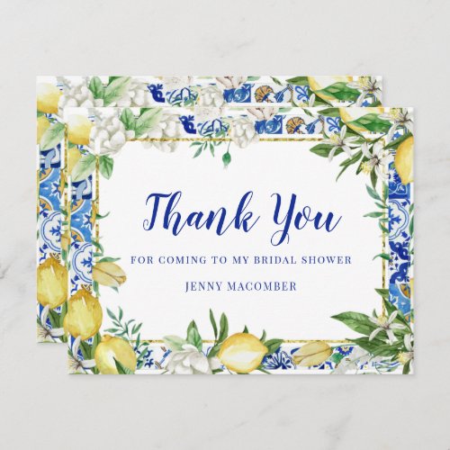 Lemon White Floral Blue Mosaic Tile Thank You Card