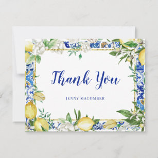 Lemon White Floral Blue Mosaic Tile Thank You Card