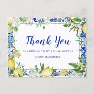 Lemon White Floral Blue Mosaic Tile Thank You Postcard