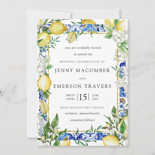 Lemon White Floral Blue Mosaic Tile Wedding Invita Invitation (Front)
