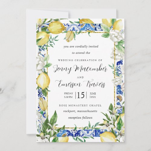 Lemon White Floral Blue Mosaic Tile Wedding Invitation