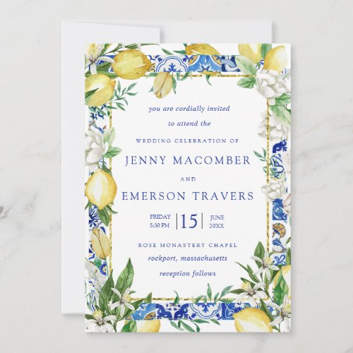 Lemon White Floral Blue Mosaic Tile Wedding  Invitation