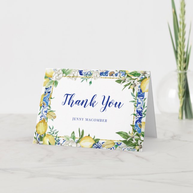 Lemon White Floral Blue Tile Photo Folded Thank You Card (Front)