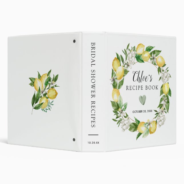 Lemon White Floral Bridal Shower Recipe Book 3 Ring Binder (Background)