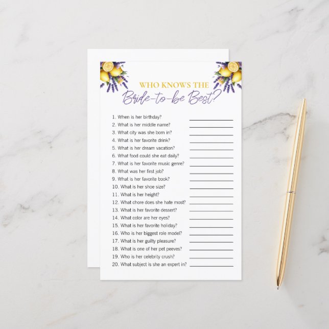 Lemon "Who Knows The Bride" Bridal Shower Game (Front/Back In Situ)