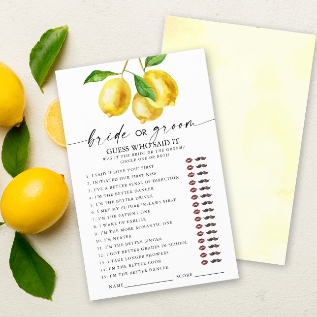 Lemon Who Said it Bridal Shower Games (Entertain and delight your guests with our stylish lemon "Guess who said it" bridal shower game.)