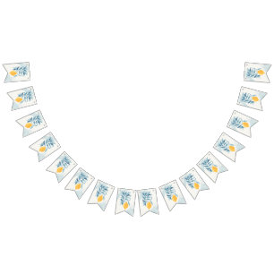 Lemon with blue leaves botanical illustration bunting flags