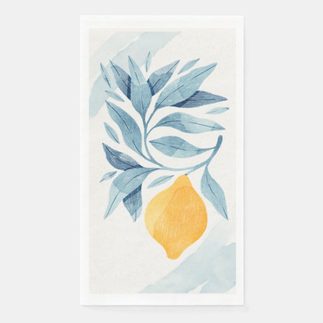 Lemon with blue leaves botanical illustration paper guest towels (Front)