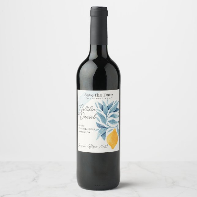 Lemon with blue leaves botanical illustration wine label (Front)