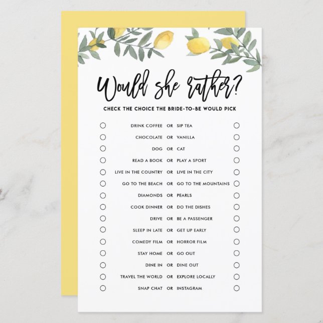 Lemon Would the Bride Rather Bridal Shower Game (Front/Back)