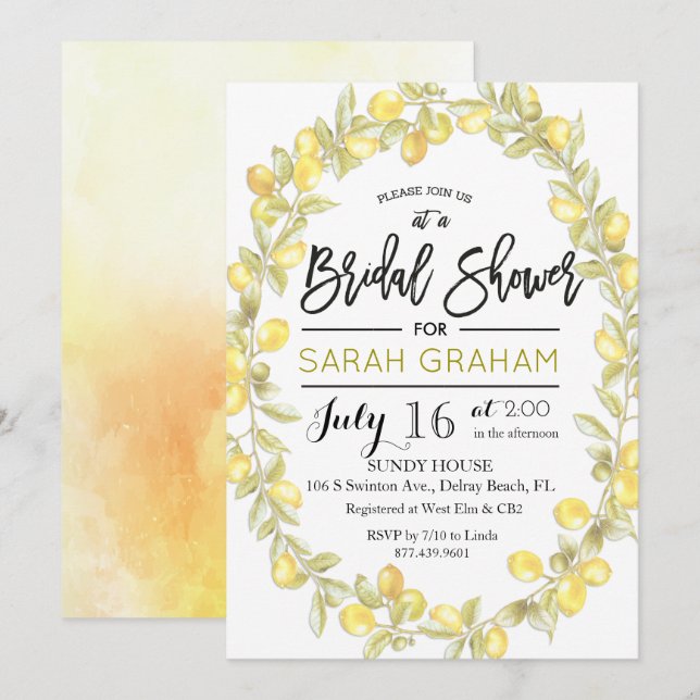 Lemon Wreath Watercolor Bridal Shower Invitation (Front/Back)
