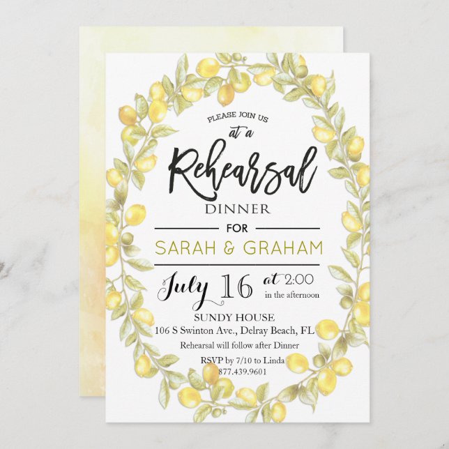 Lemon Wreath Watercolor Rehearsal Invitation (Front/Back)