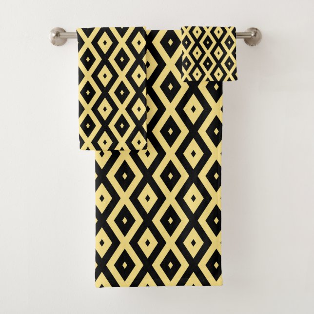 Lemon yellow and black diamond pattern bath towel set (Insitu)
