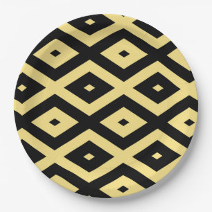 Lemon yellow and black diamond pattern paper plates