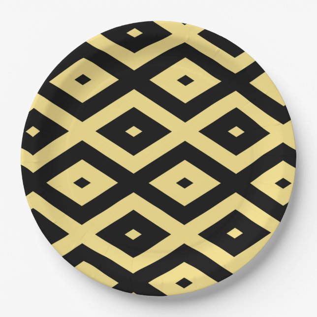 Lemon yellow and black diamond pattern paper plates (Front)