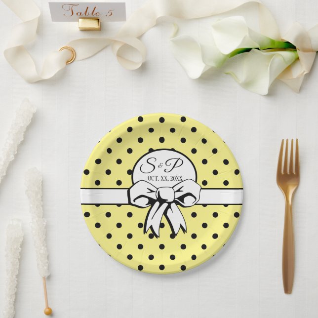 Lemon Yellow and Black Dots White Bow Personalized Paper Plates (Wedding)