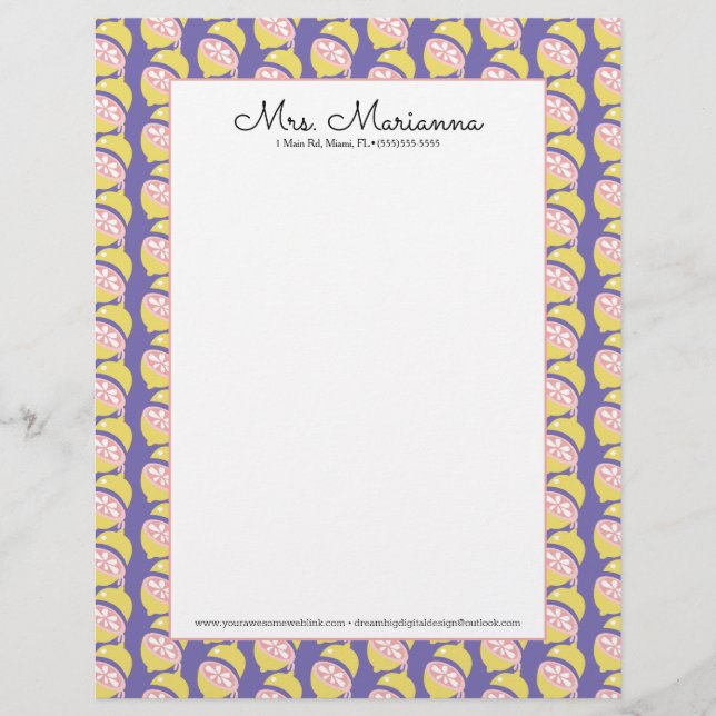 Lemon Yellow and Pink Dripping Summer Pattern Letterhead (Front)