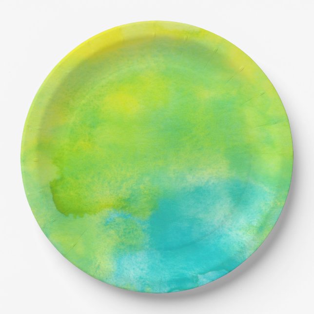 Lemon Yellow and Turquoise Blue Watercolor Paper Plates (Front)
