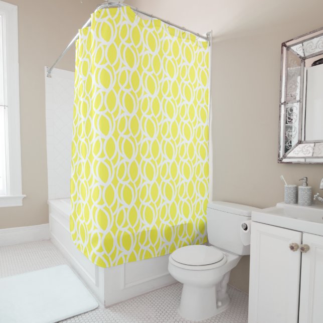 Lemon Yellow and White Abstract Pattern Shower Curtain (In Situ)