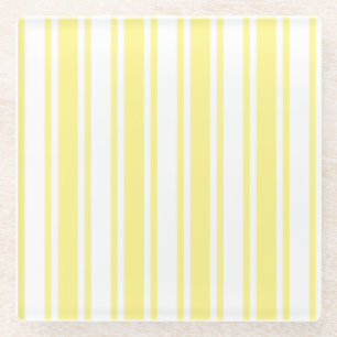 Lemon yellow and white candy stripes glass coaster