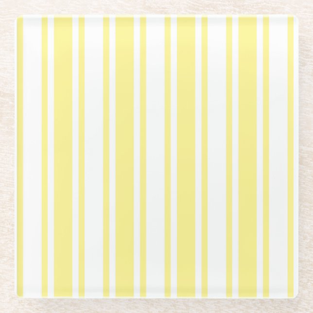 Lemon yellow and white candy stripes glass coaster (Front)