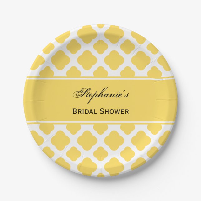 Lemon Yellow and White Quatrefoil Pattern Bridal Paper Plates (Front)