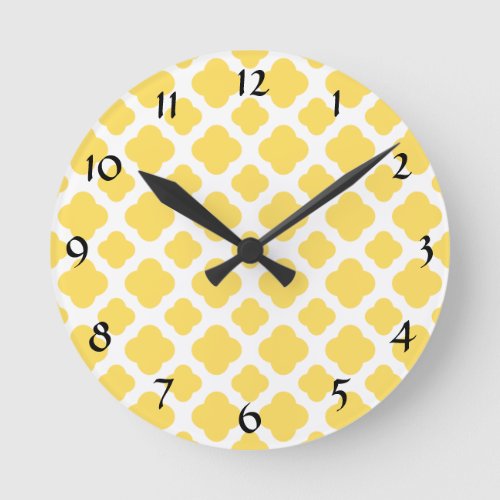 Lemon Yellow and White Quatrefoil Pattern Round Clock