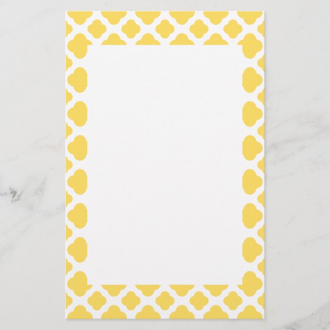 Lemon Yellow and White Quatrefoil Pattern Stationery (Front)
