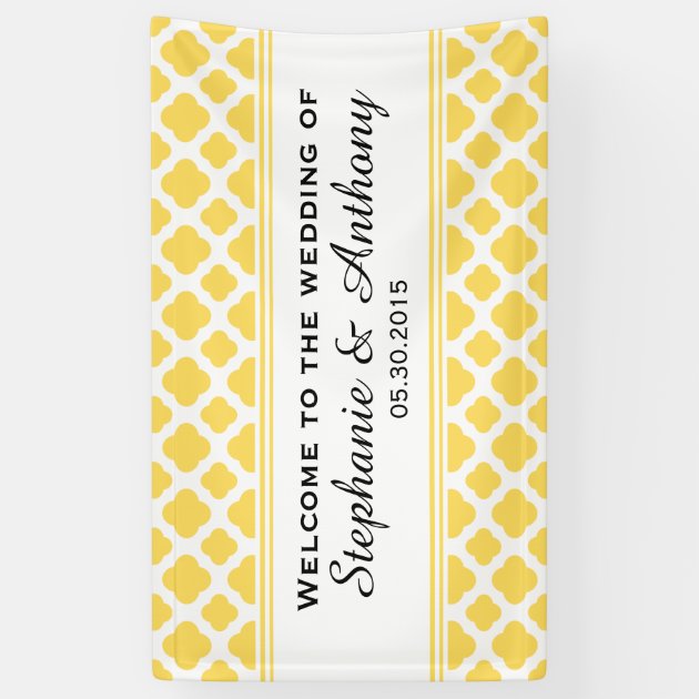 Lemon Yellow And White Quatrefoil Pattern Wedding Banner