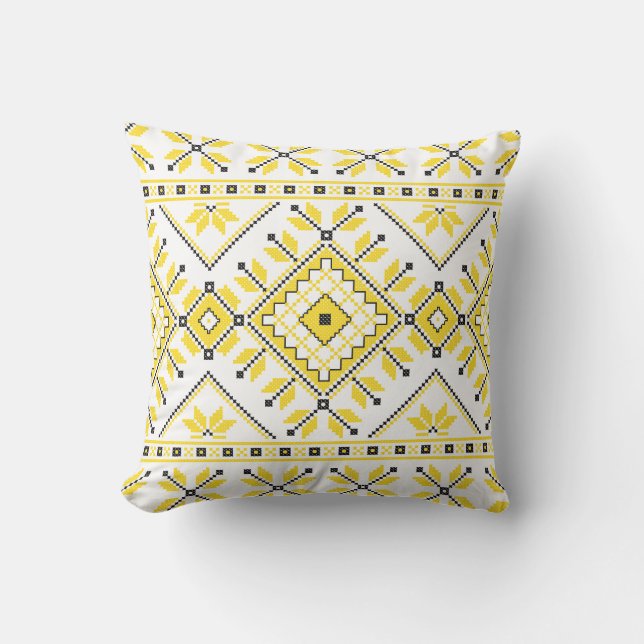 Lemon Yellow Aztec Tribal Ethnic Geometric Pattern Throw Pillow (Front)