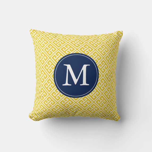 Lemon Yellow Blue Greek Key Pattern Monogram Throw Pillow (Front)