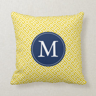 Lemon Yellow Blue Greek Key Pattern Monogram Throw Pillow