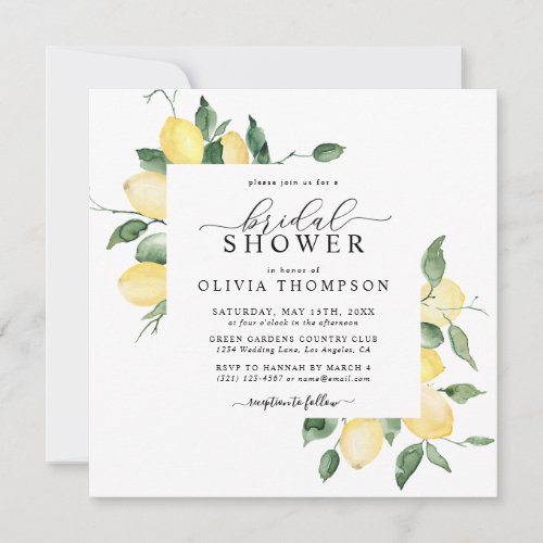 Lemon Yellow Boho Watercolor Elegant Bridal Shower Invitation