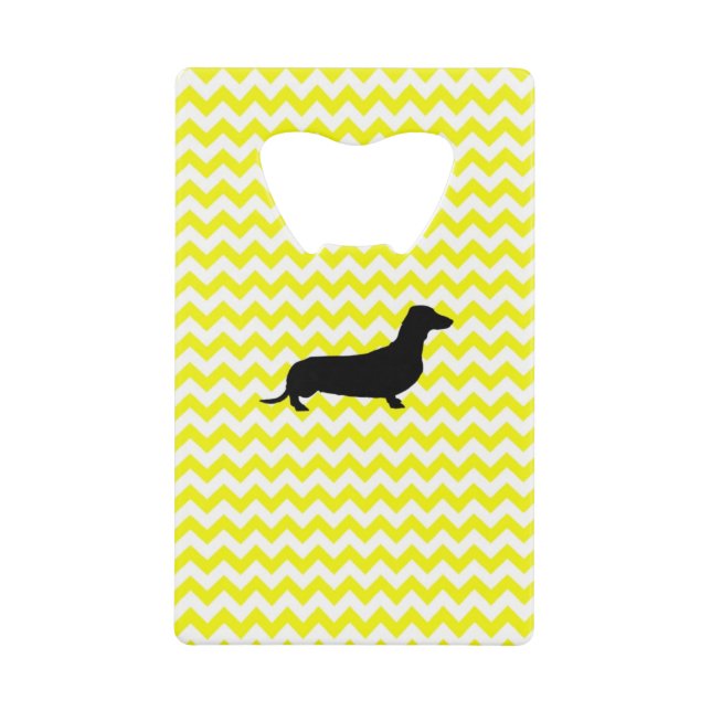 Lemon Yellow Chevron With Dachshund Credit Card Bottle Opener (Front)