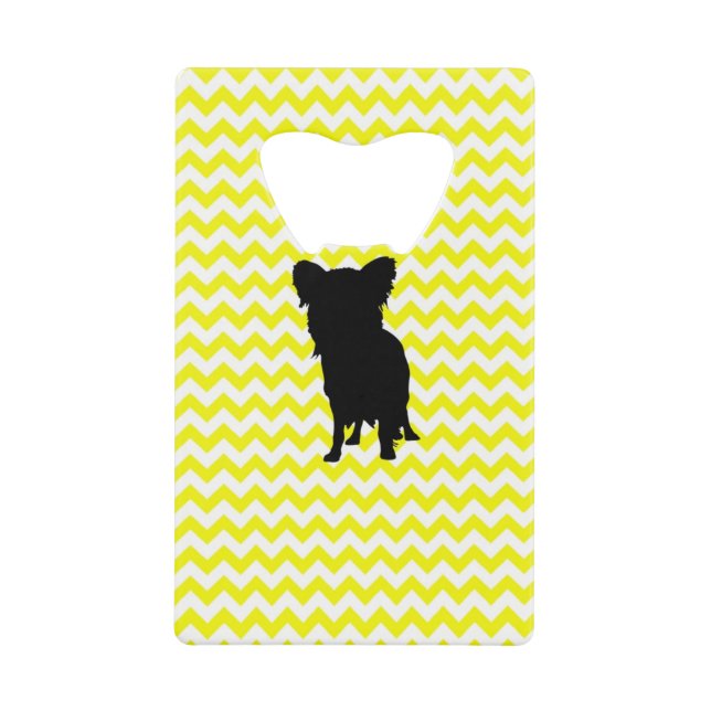 Lemon Yellow Chevron With Yorkie Silhouette Credit Card Bottle Opener (Front)
