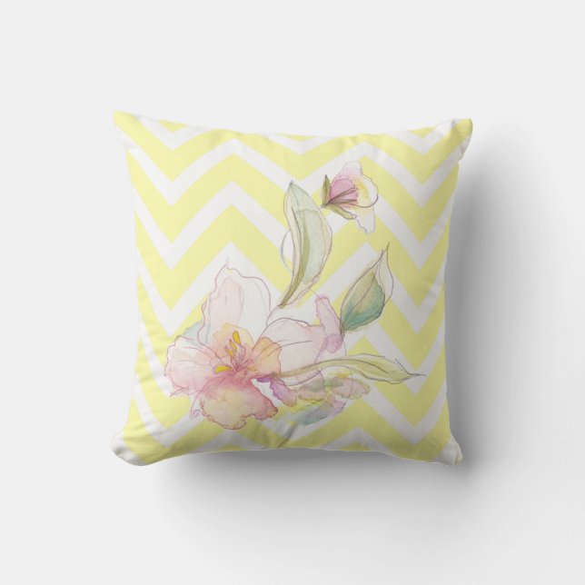 Lemon Yellow Chevrons Watercolor Floral Outdoor Pillow (Front)