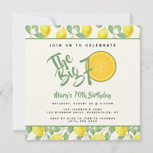 Lemon Yellow Citrus Big 70 Summer Birthday Party Invitation