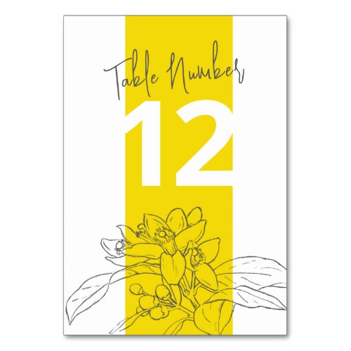 Lemon yellow citrus blossom gray white wedding table number