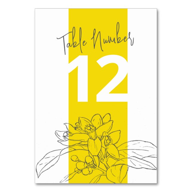 Lemon yellow citrus blossom gray white wedding table number (Back)