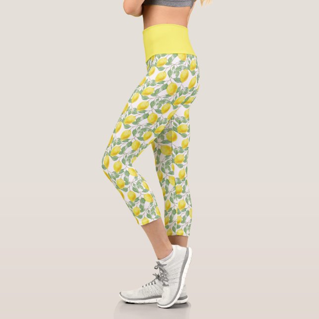Lemon Yellow Citrus Fruit Botanical Pattern Capri Leggings (Left)
