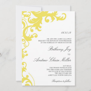 Lemon Yellow Elegant Damask Wedding Invitation