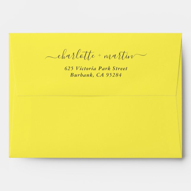 Lemon Yellow Elegant Script Return Address Wedding Envelope (Back (Top Flap))