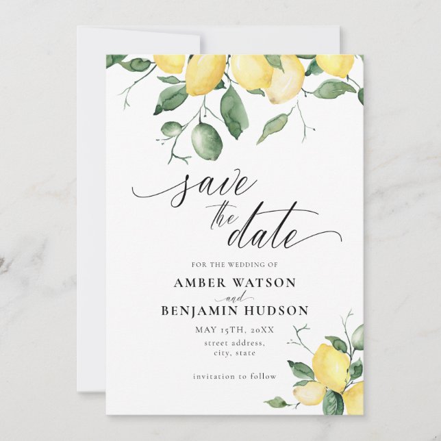 Lemon Yellow Fruit Garden Wedding Save The Date Invitation (Front)