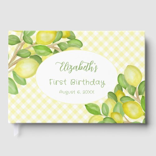 Lemon Yellow Gingham First Birthday Guest Book