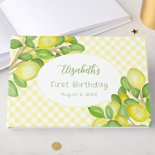 Lemon Yellow Gingham First Birthday Guest Book