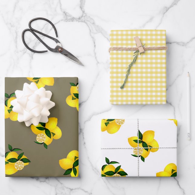 Lemon Yellow Gingham Wrapping Paper Sheets (Front)