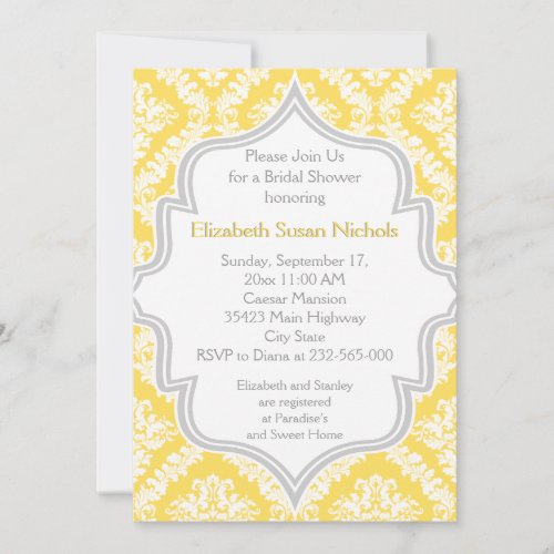 Lemon yellow, grey damask wedding bridal shower custom invitations