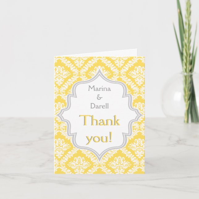 Lemon yellow gray damask wedding Thank You photo Card (Front)