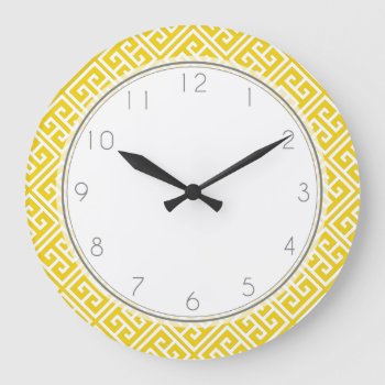 Lemon Yellow Greek Key Pattern Large Clock by heartlockedhome at Zazzle