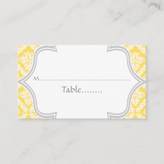 Lemon yellow, grey damask wedding place card (Front)